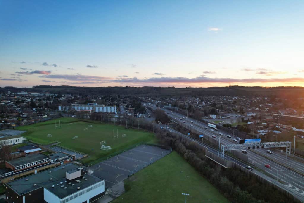 An aerial view of a British town and residential houses