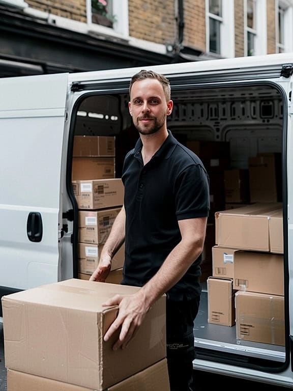 man wearing black polo shirt unloading boxes from the side of a white van