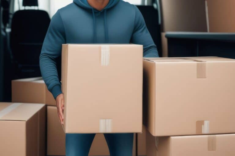 A professional mover is holding a box at the back of the van.