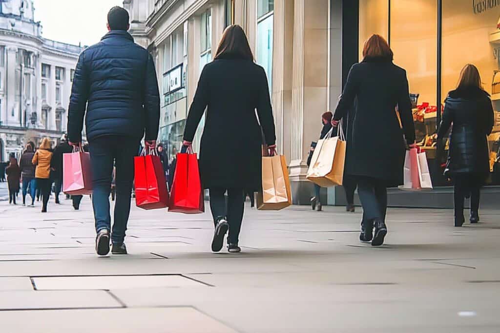 People walking at the front of the shops holding shopping bags