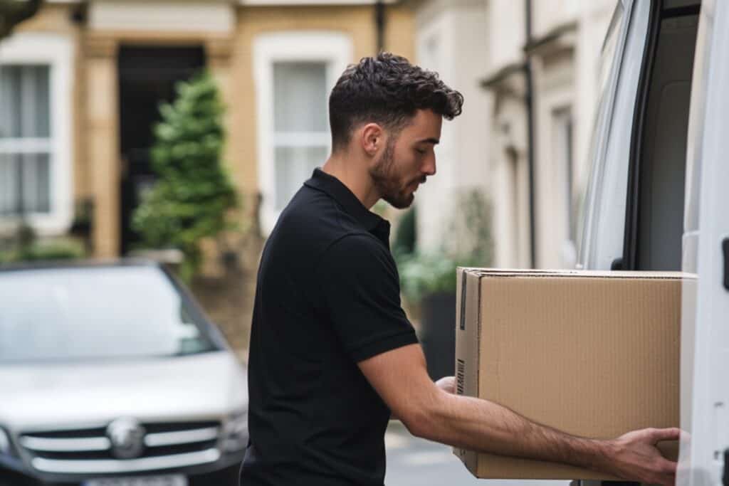 Man and Van's crew placing cardboard into the van